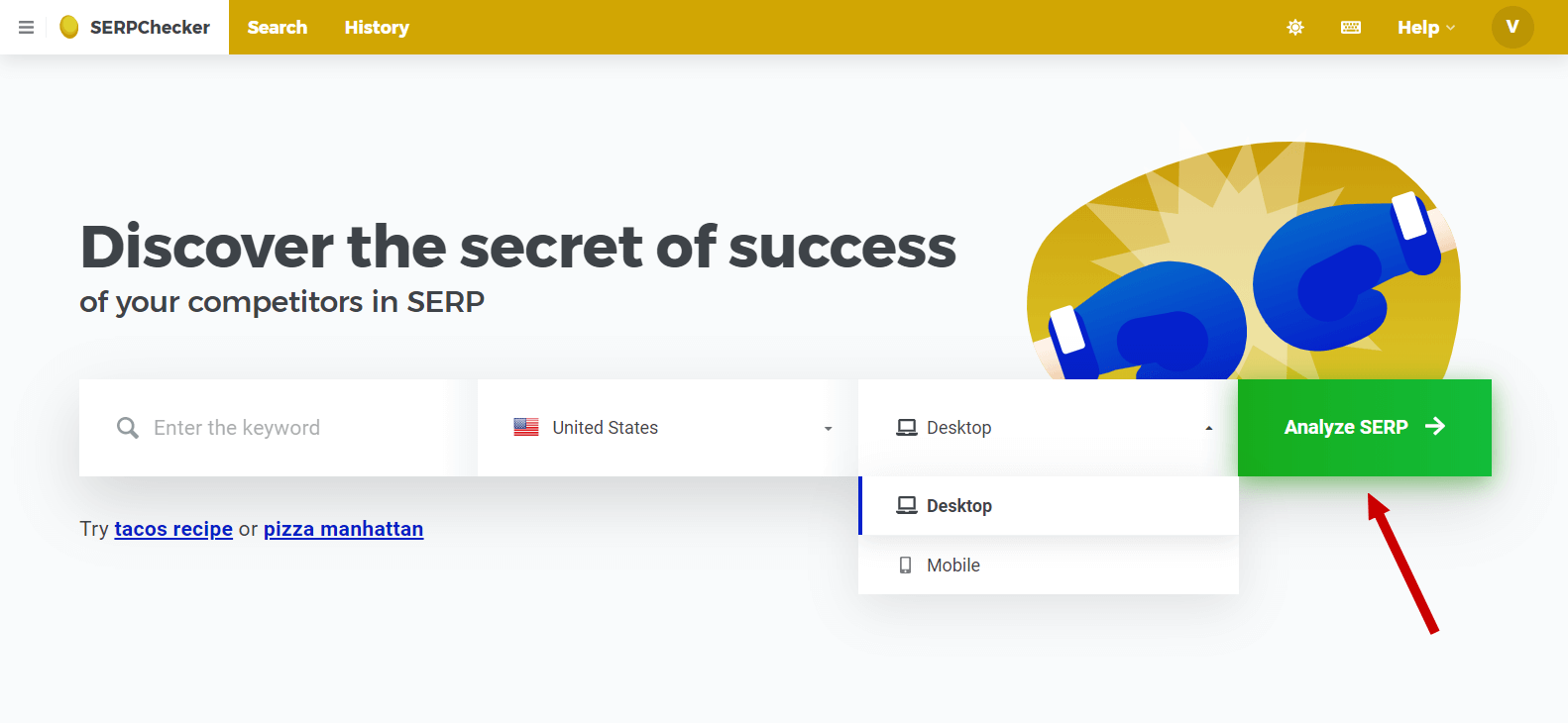 SERPChecker search form, location and device options