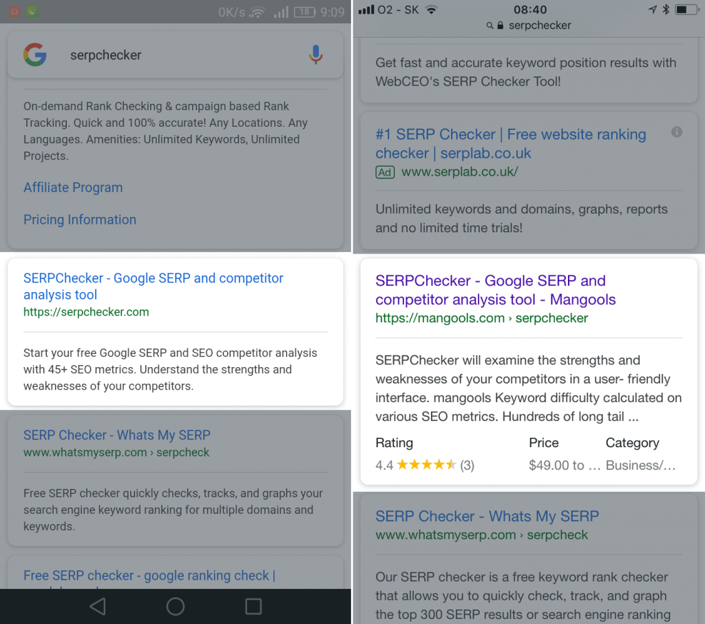 Mangools SERPChecker page with rich results in Google SERP