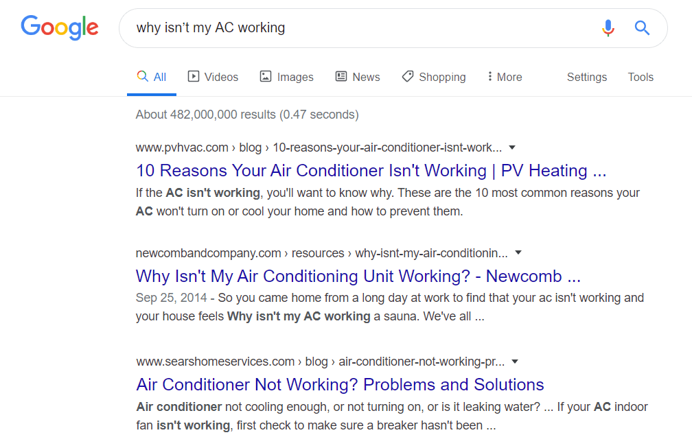 Google SERP for the keyword "why isn’t my AC working"