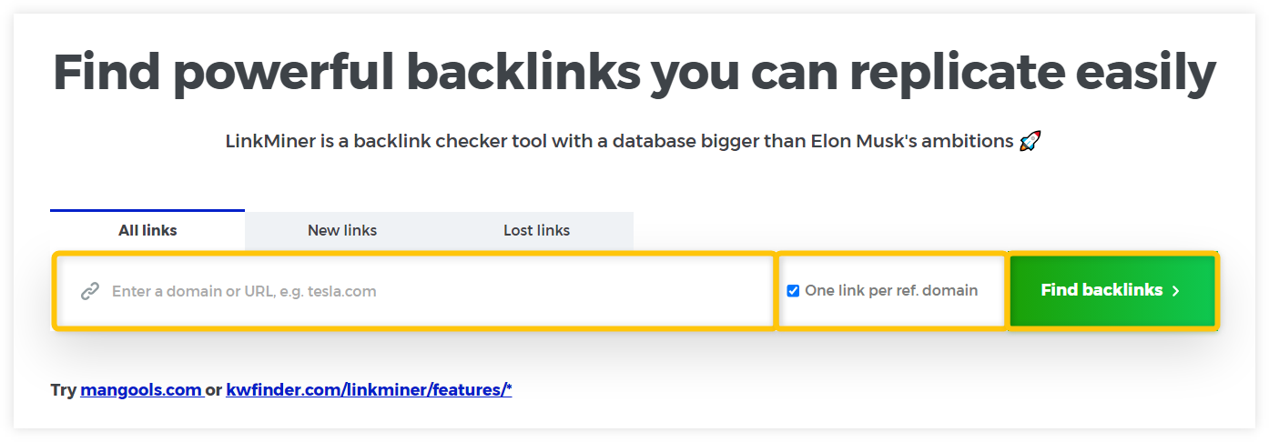 LinkMiner - enter referring domain - example