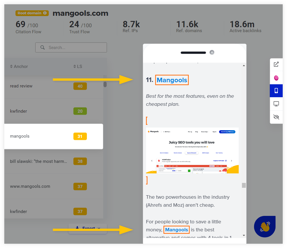 LinkMiner - preview of the linking page - example