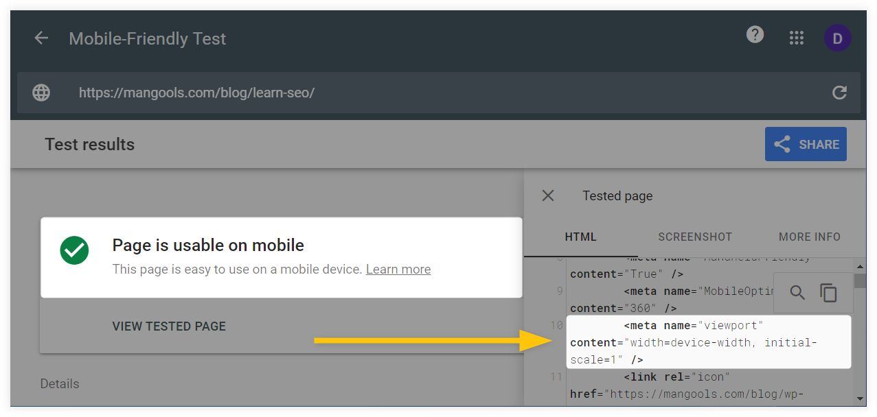 Meta viewport tag in Google mobile-friendly test - example