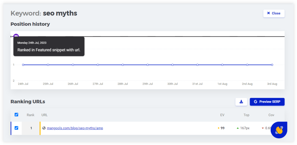 SERPWatcher - tracking keyword for mobile search - example