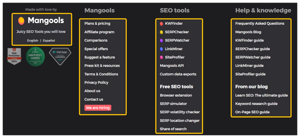 example of footer links