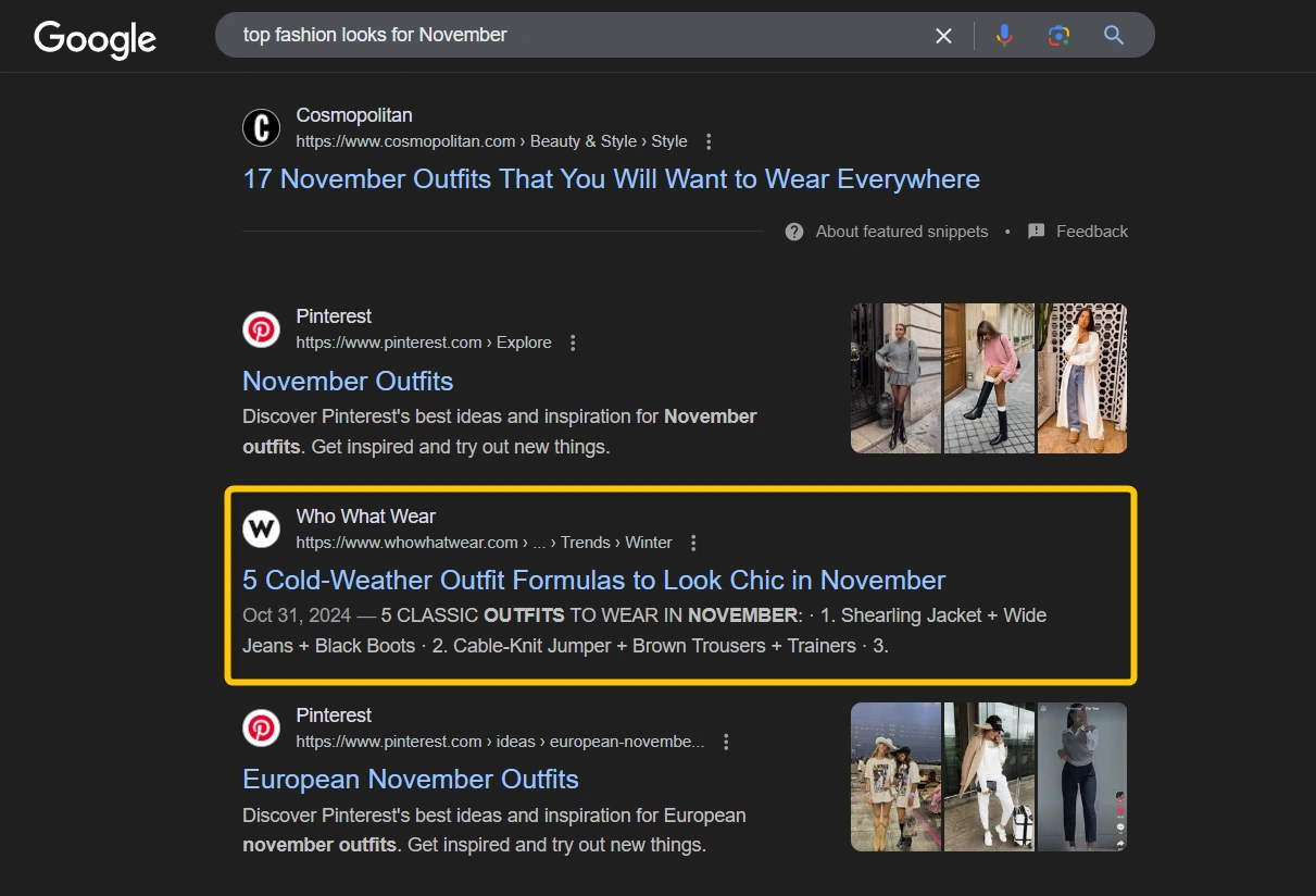 SERP overview for the keyword - top fashion looks for november
